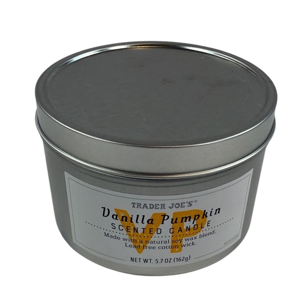 Trader Joes Candle 5.7 oz soy wax blend tin candle - BRAND NEW - VANILLA PUMPKIN